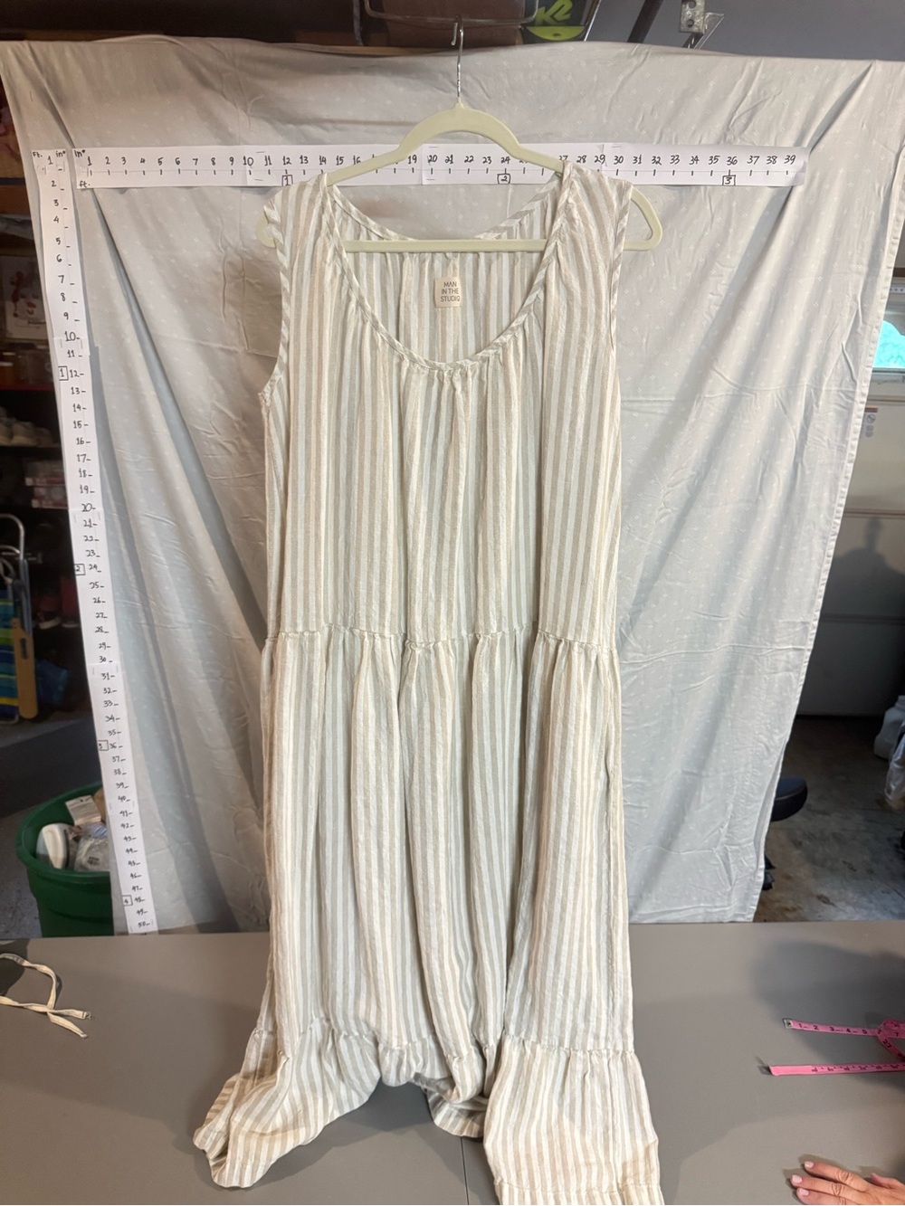 Sleeveless Striped Tailored Linen Maxi Dress in Cream and Beige